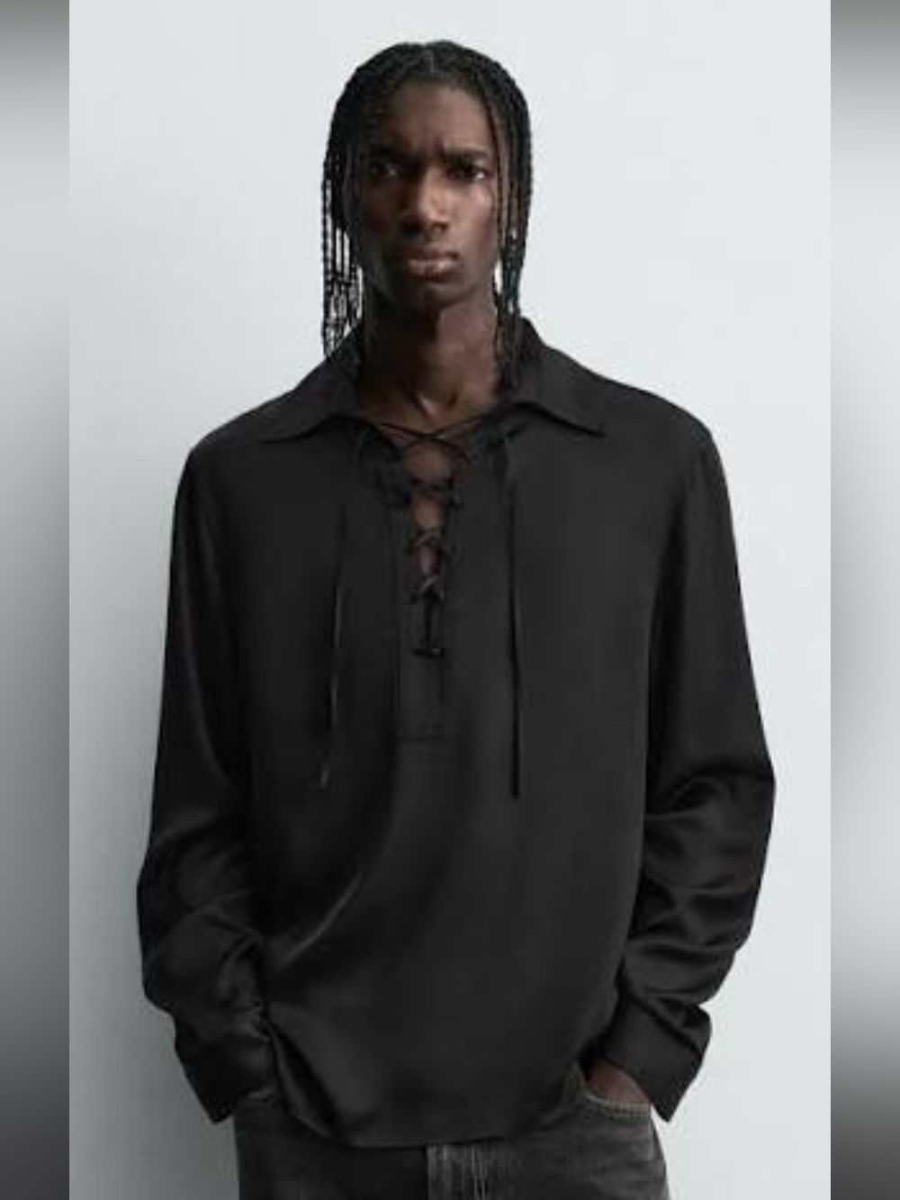 Zara Black Lace-Up Collar Long-Sleeve Shirt